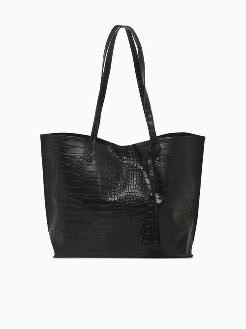 Simple Tassel Tote Black Croco Black